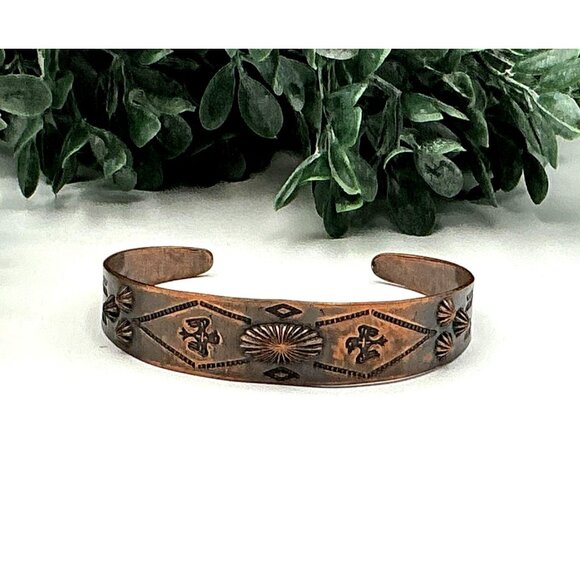 Vintage Copper Cuff Bracelet With Southwestern Stamped Design - Picture 1 of 5